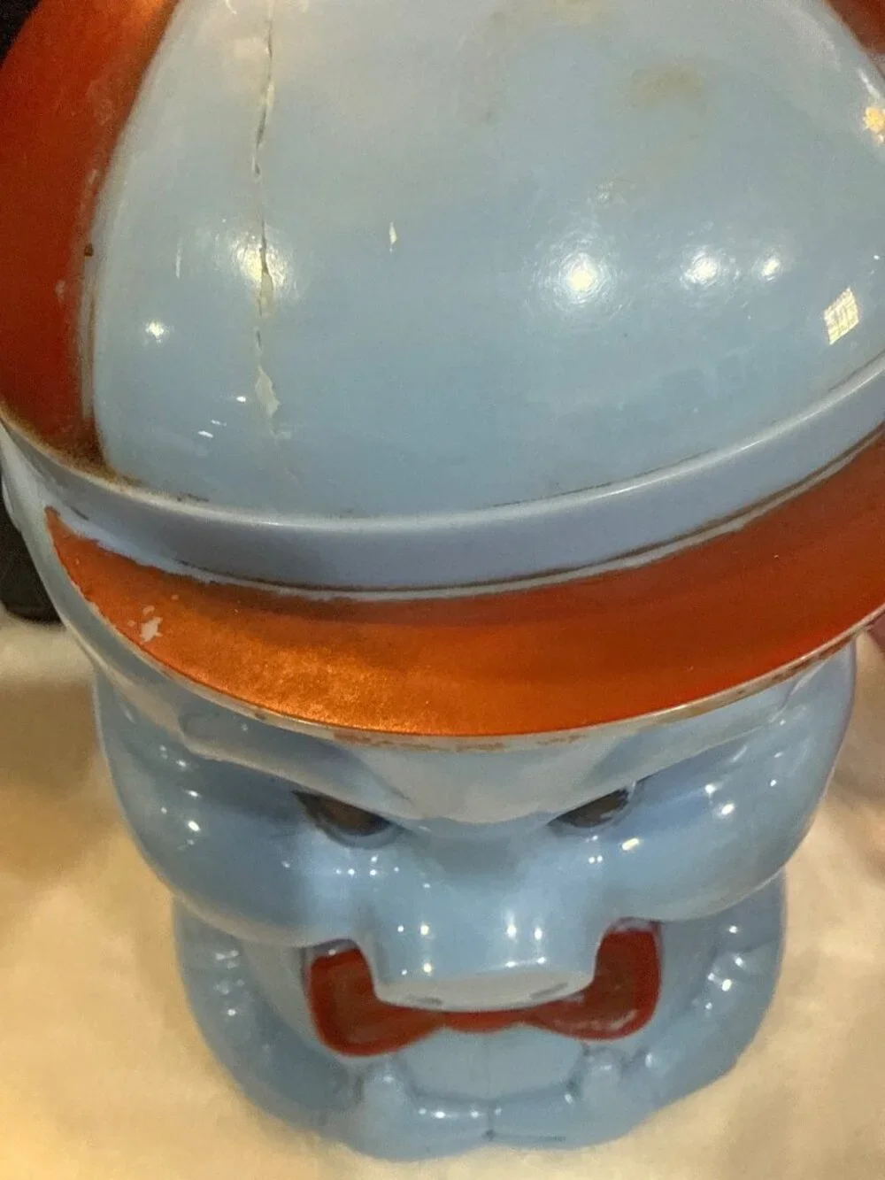 Vintage Blue & Red Celluloid porky pig cookie jar Bow Tie